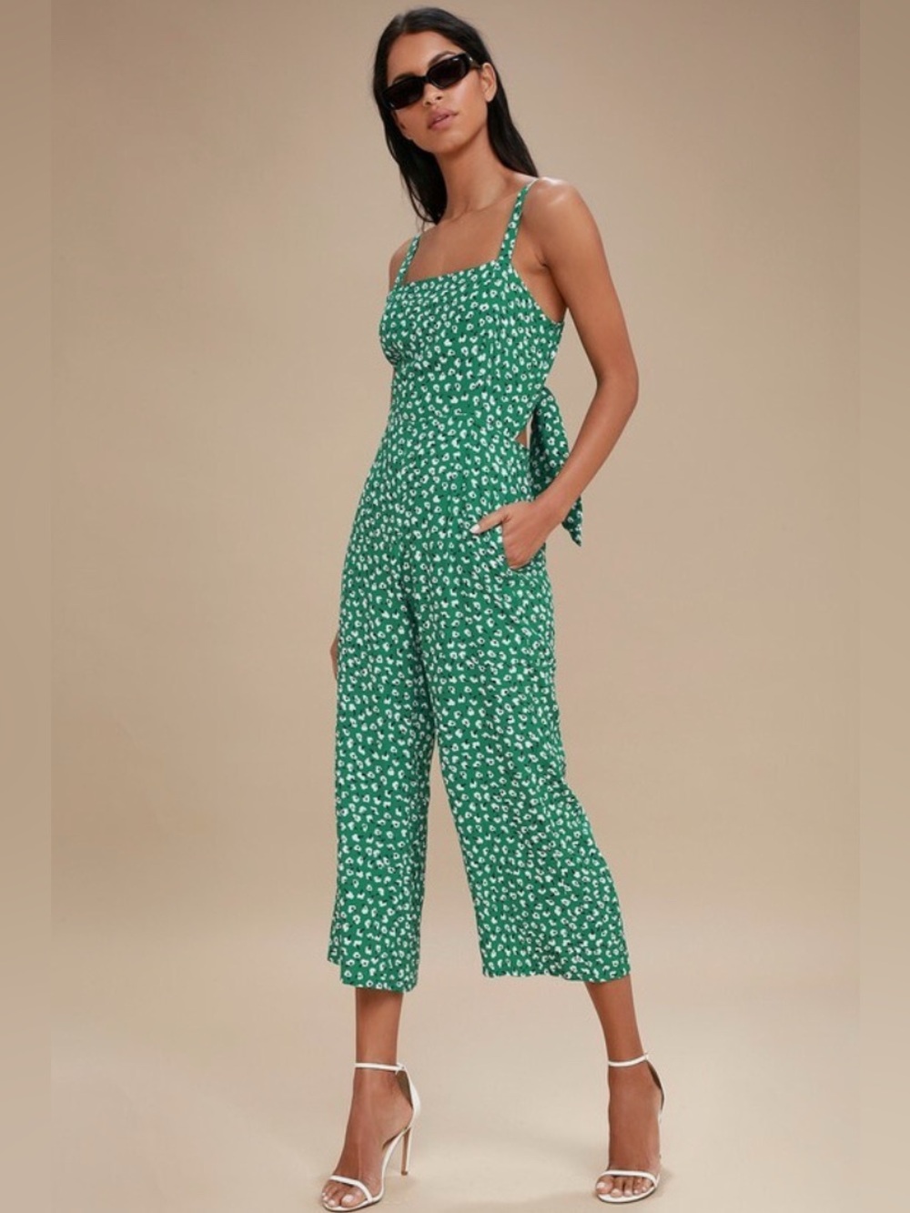 Faithfull the Brand Green Backless w/Tie Romper with White + Black Floral Print